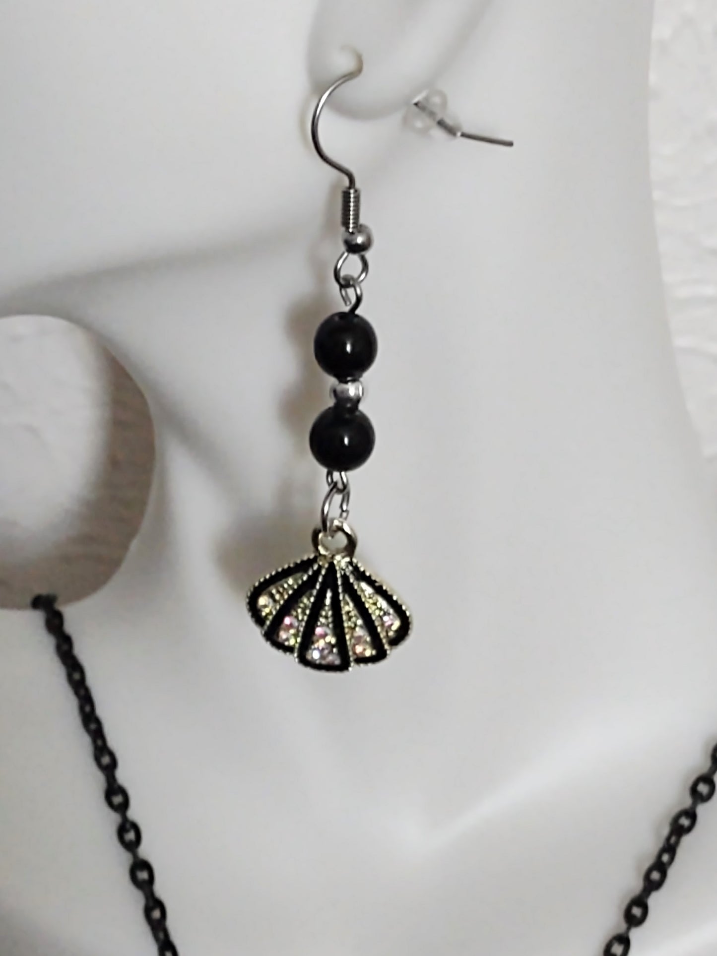 "Rhinestone Shells" Dangle Beaded Seashell Earrings, Stainless Steel Ear Wires