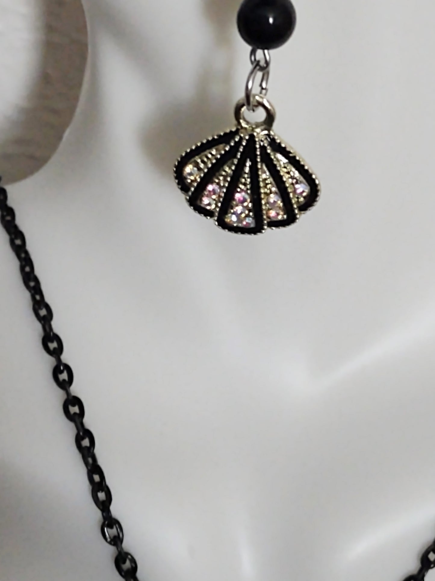 "Rhinestone Shells" Dangle Beaded Seashell Earrings, Stainless Steel Ear Wires
