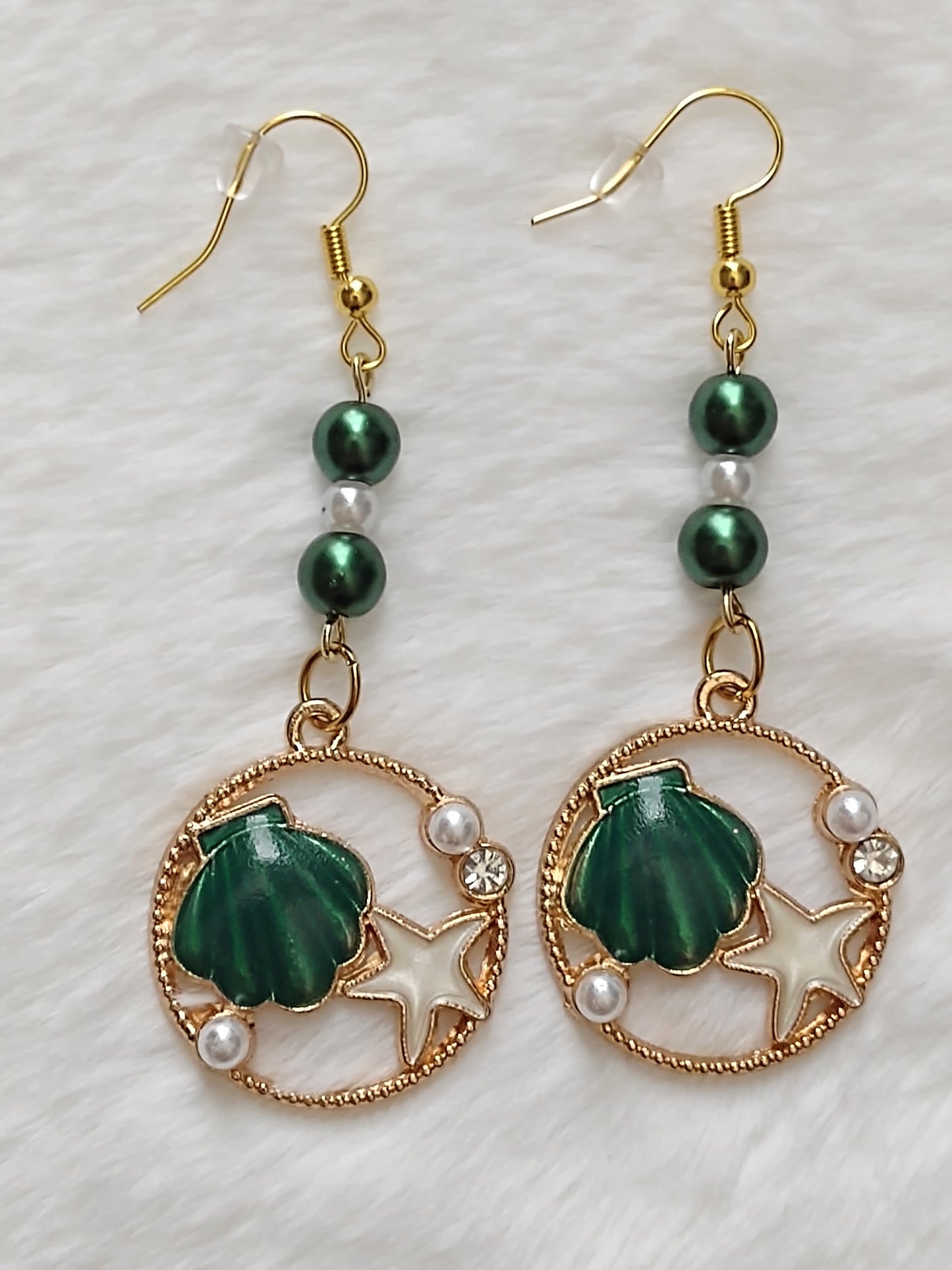 "Shells and Pearls" Glass Pearl Beaded Earrings, Gold Stainless Steel Ear Wires