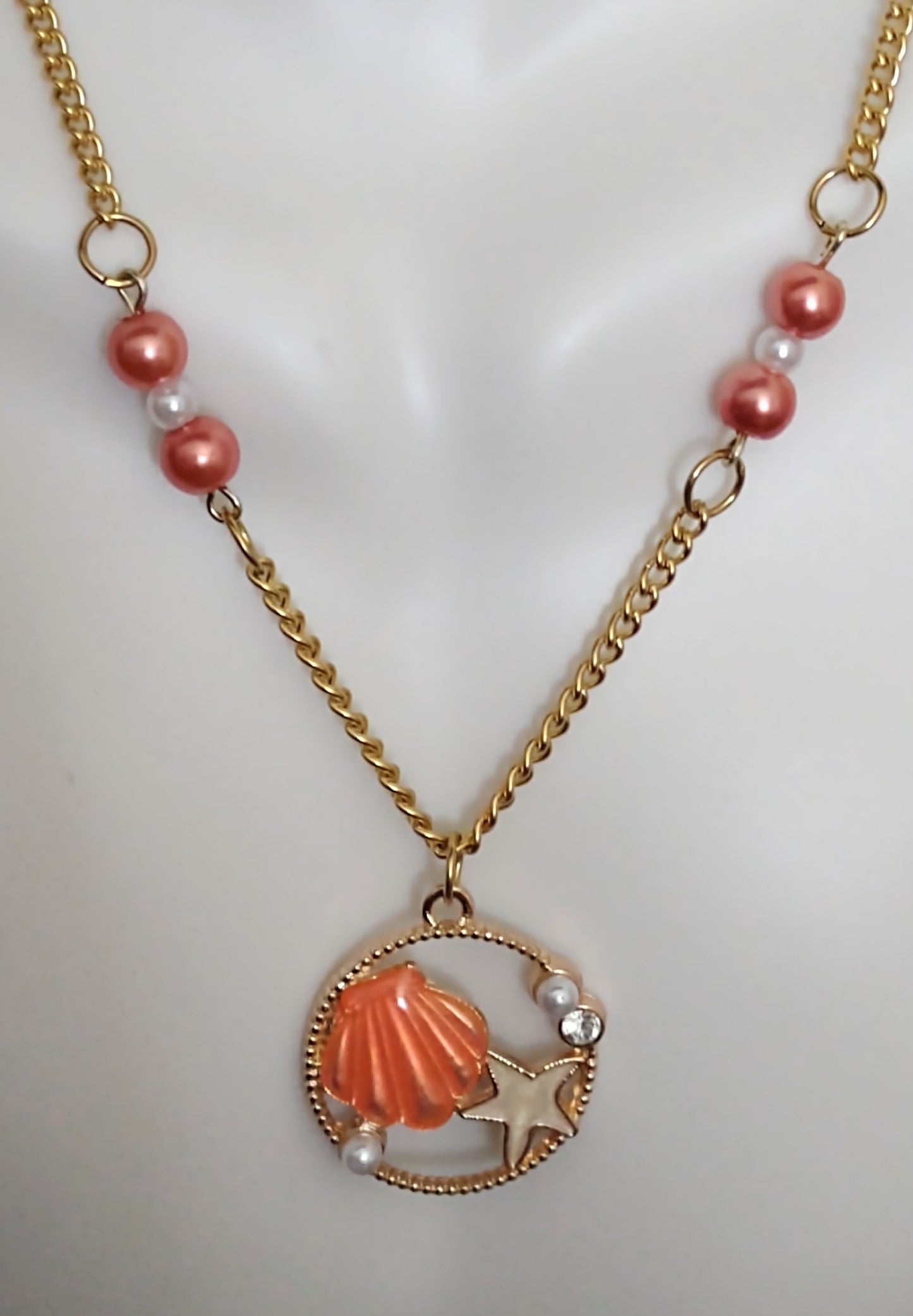"Shells and Pearls" Gold Stainless Steel Glass Pearl Bead Necklace, Magnetic Clasp