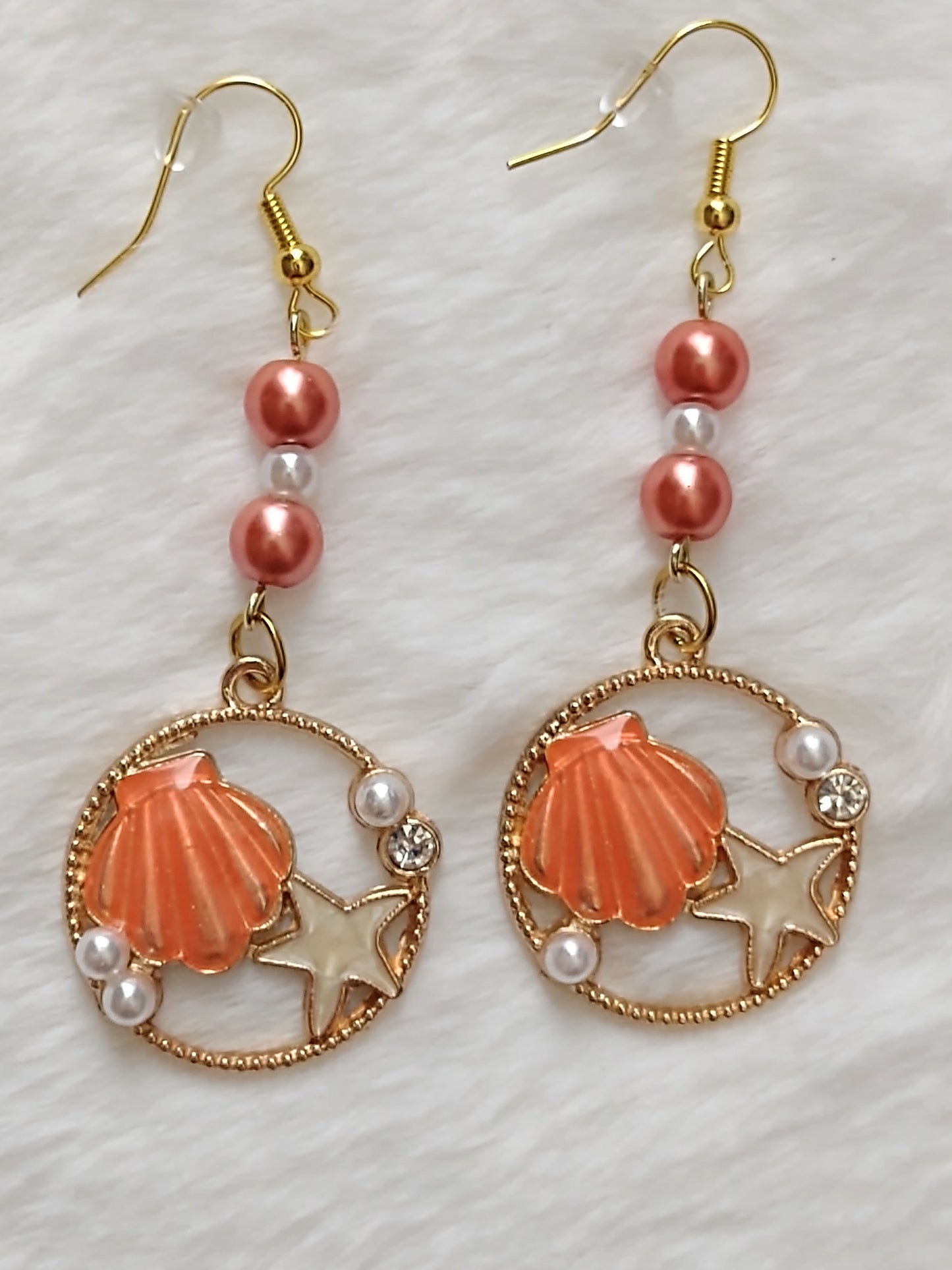 "Shells and Pearls" Glass Pearl Beaded Earrings, Gold Stainless Steel Ear Wires