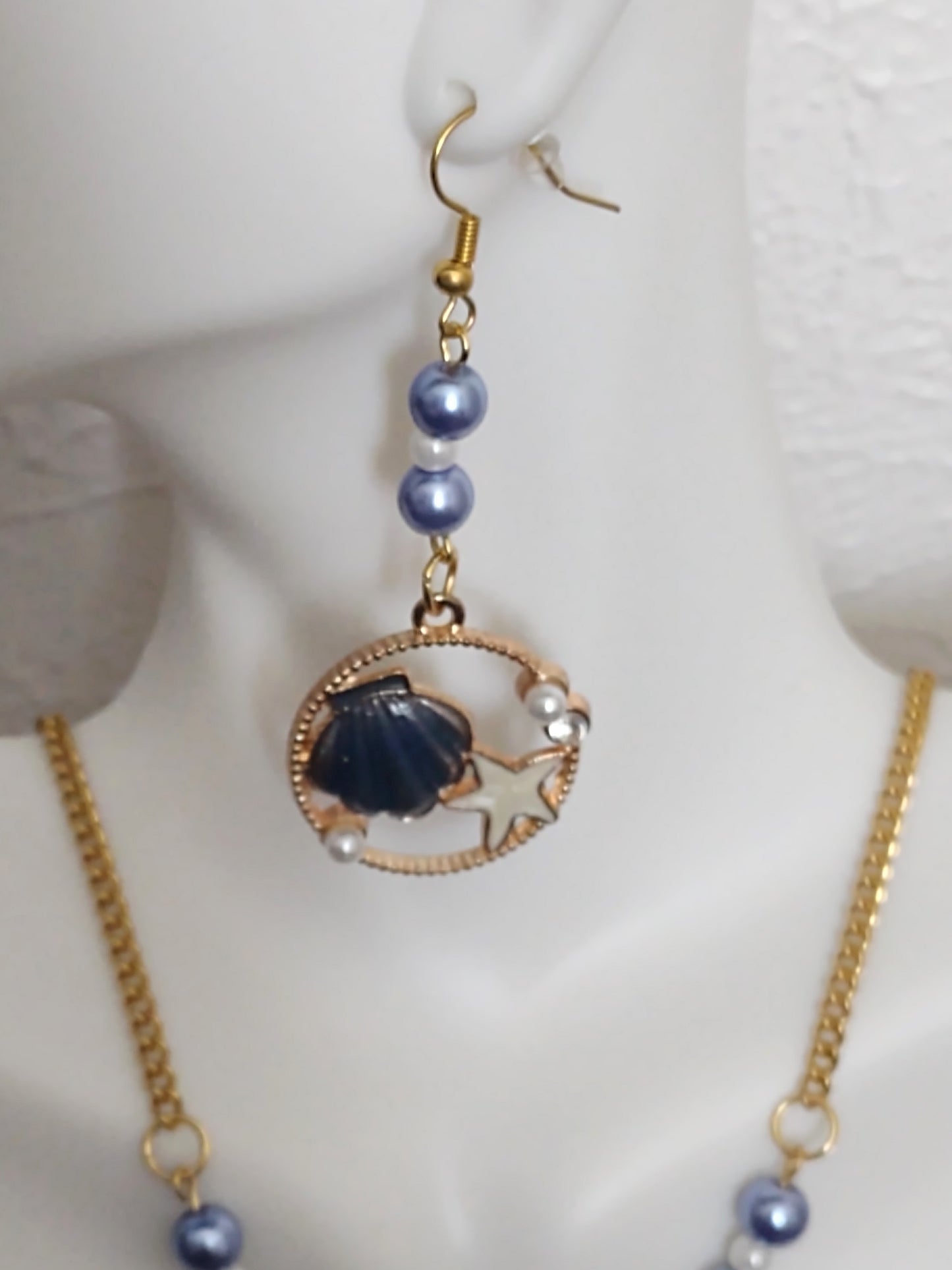 "Shells and Pearls" Glass Pearl Beaded Earrings, Gold Stainless Steel Ear Wires