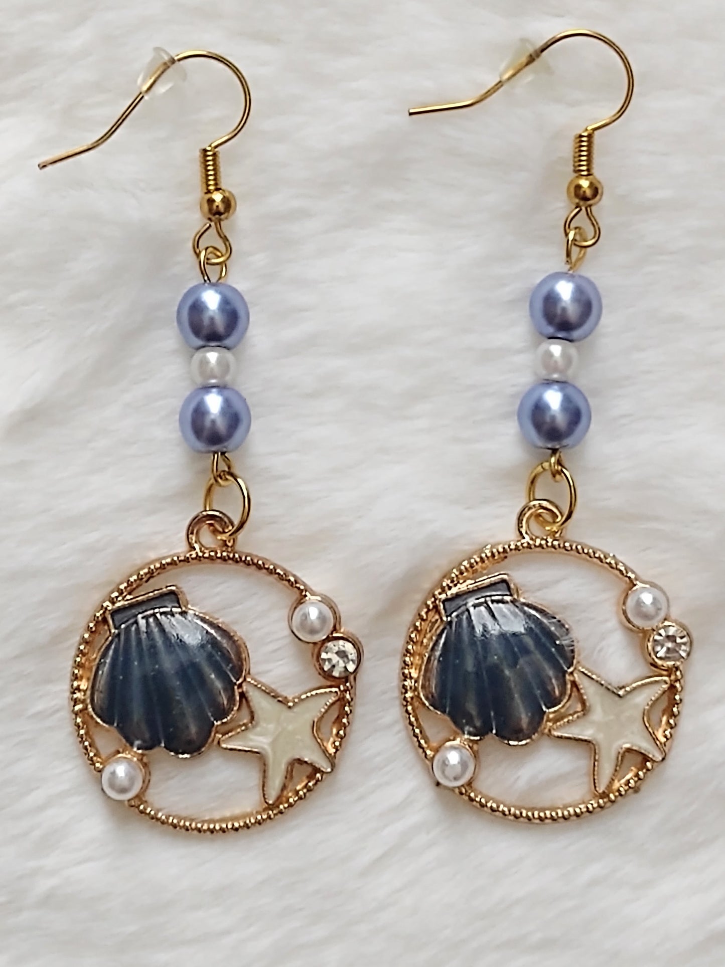 "Shells and Pearls" Glass Pearl Beaded Earrings, Gold Stainless Steel Ear Wires