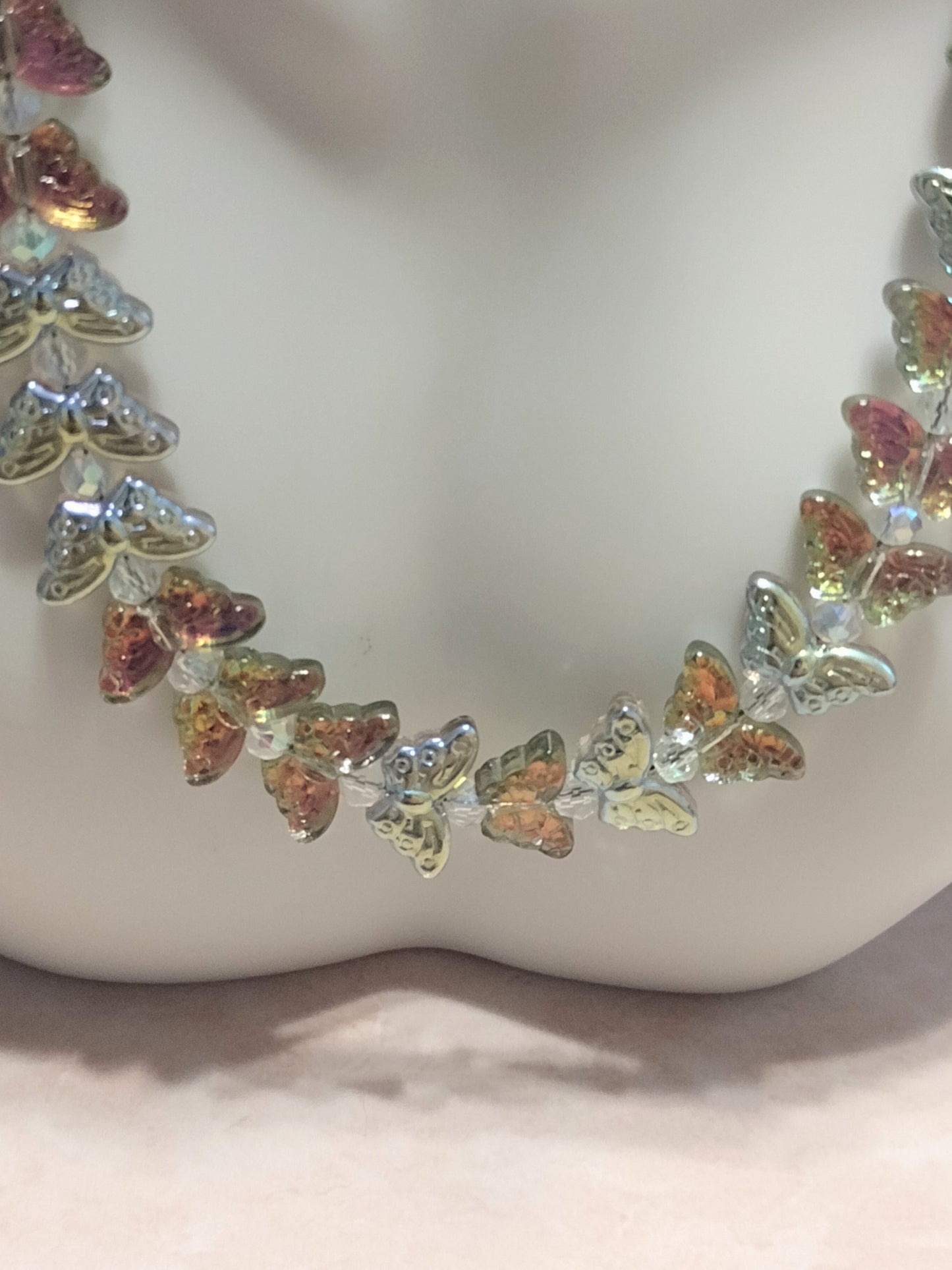 "Butterfly Summer" Glass Bead Butterfly Necklace, Stainless Steel, Magnetic Clasp