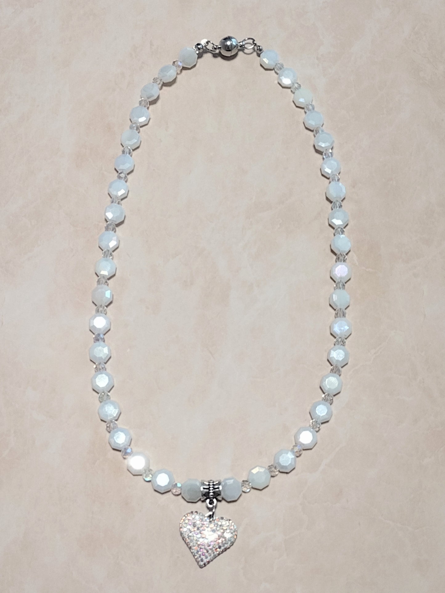 "Royal Hearts" Glass Bead Heart Charm Necklace, Silver Stainless Steel, Magnetic Clasp