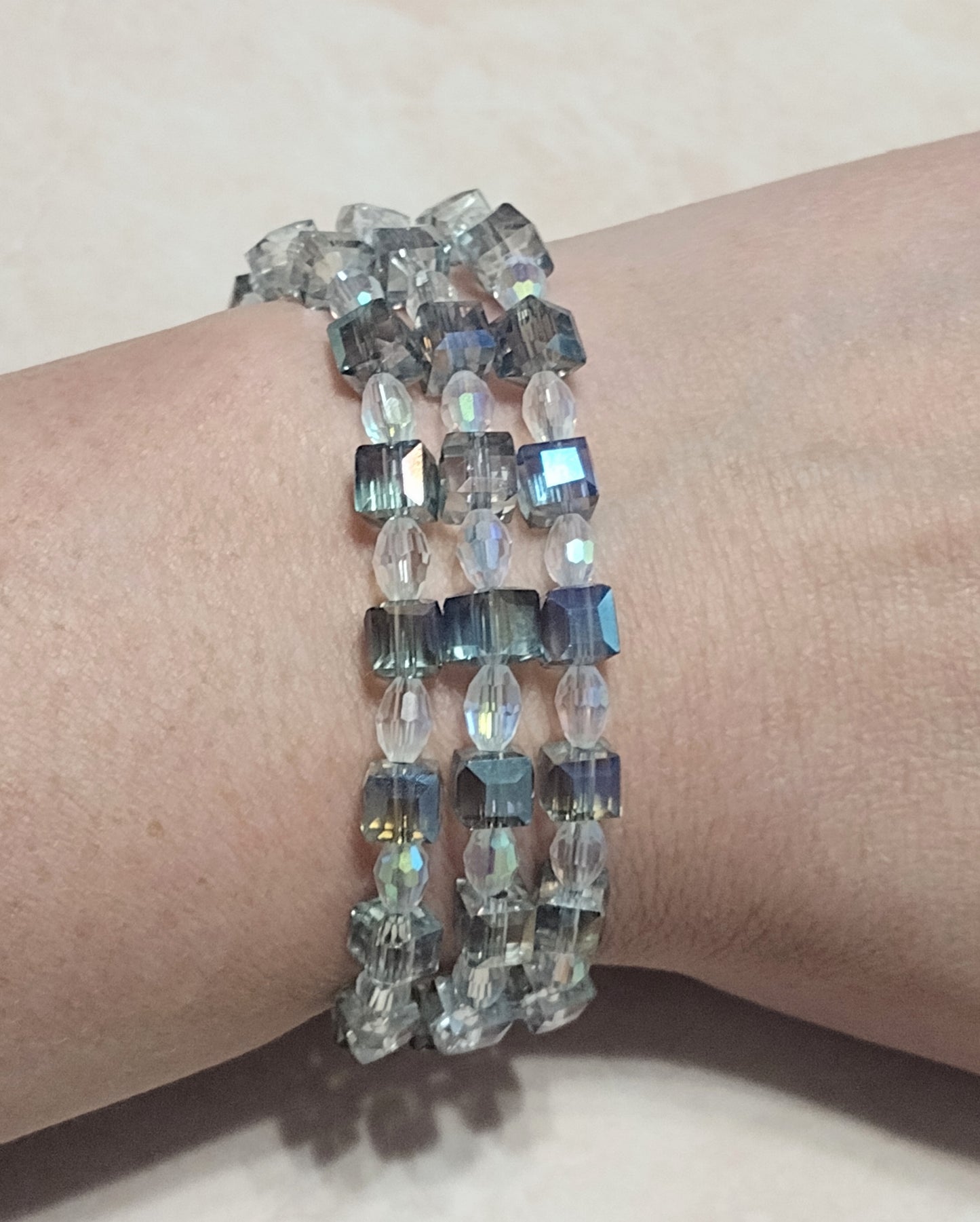 "Night Dreams" 3 Strand Glass Beaded Bracelet, Stainless Steel, Magnetic Clasp