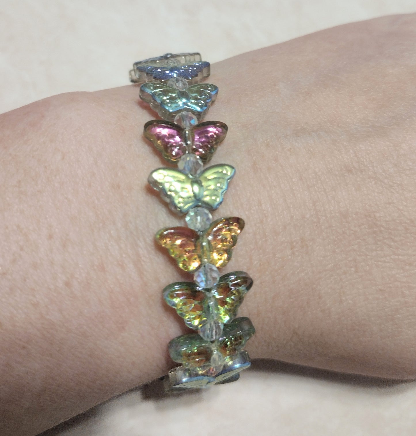 "Butterfly Summer" Glass Bead Butterfly Bracelet, Stainless Steel, Magnetic Clasp