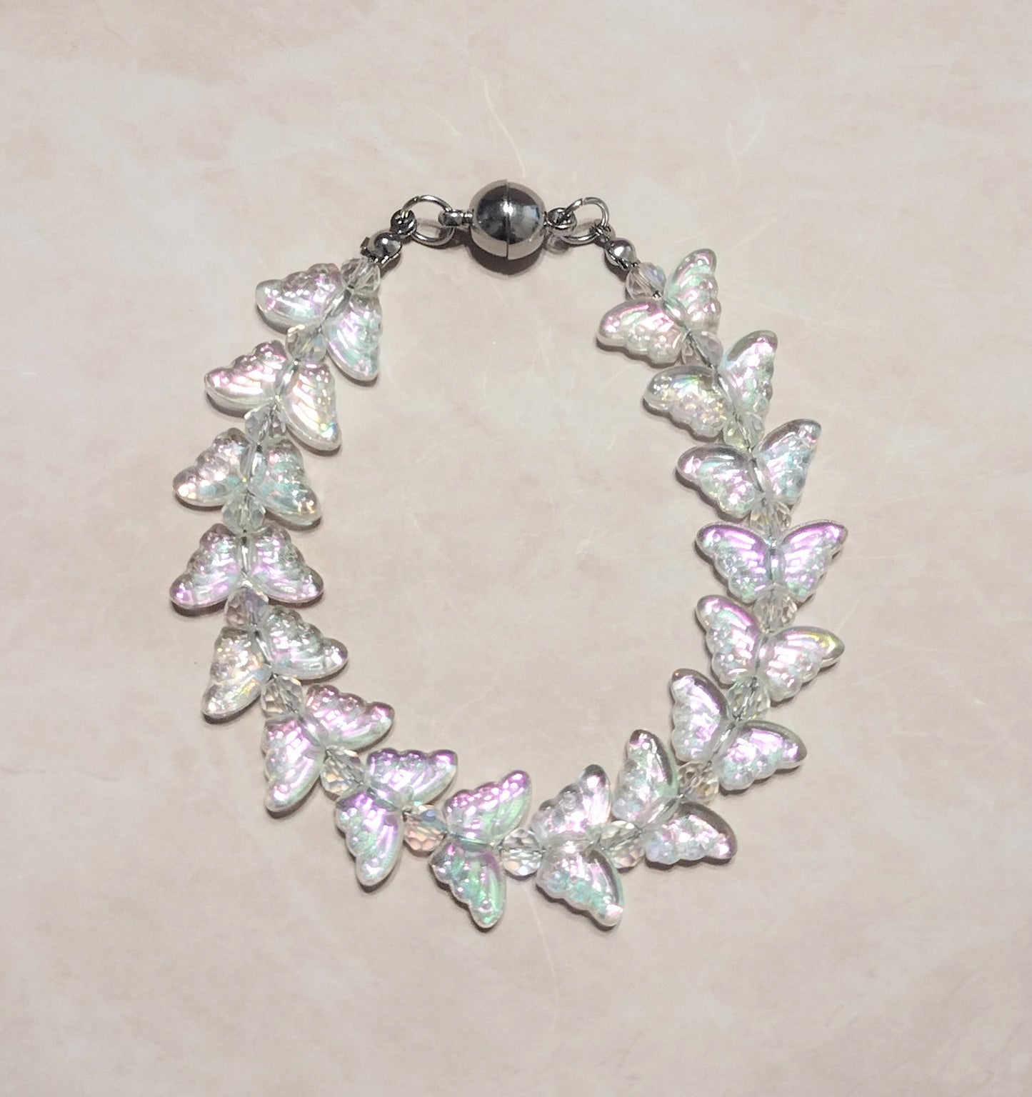 "Butterfly Summer" Glass Bead Butterfly Bracelet, Stainless Steel, Magnetic Clasp