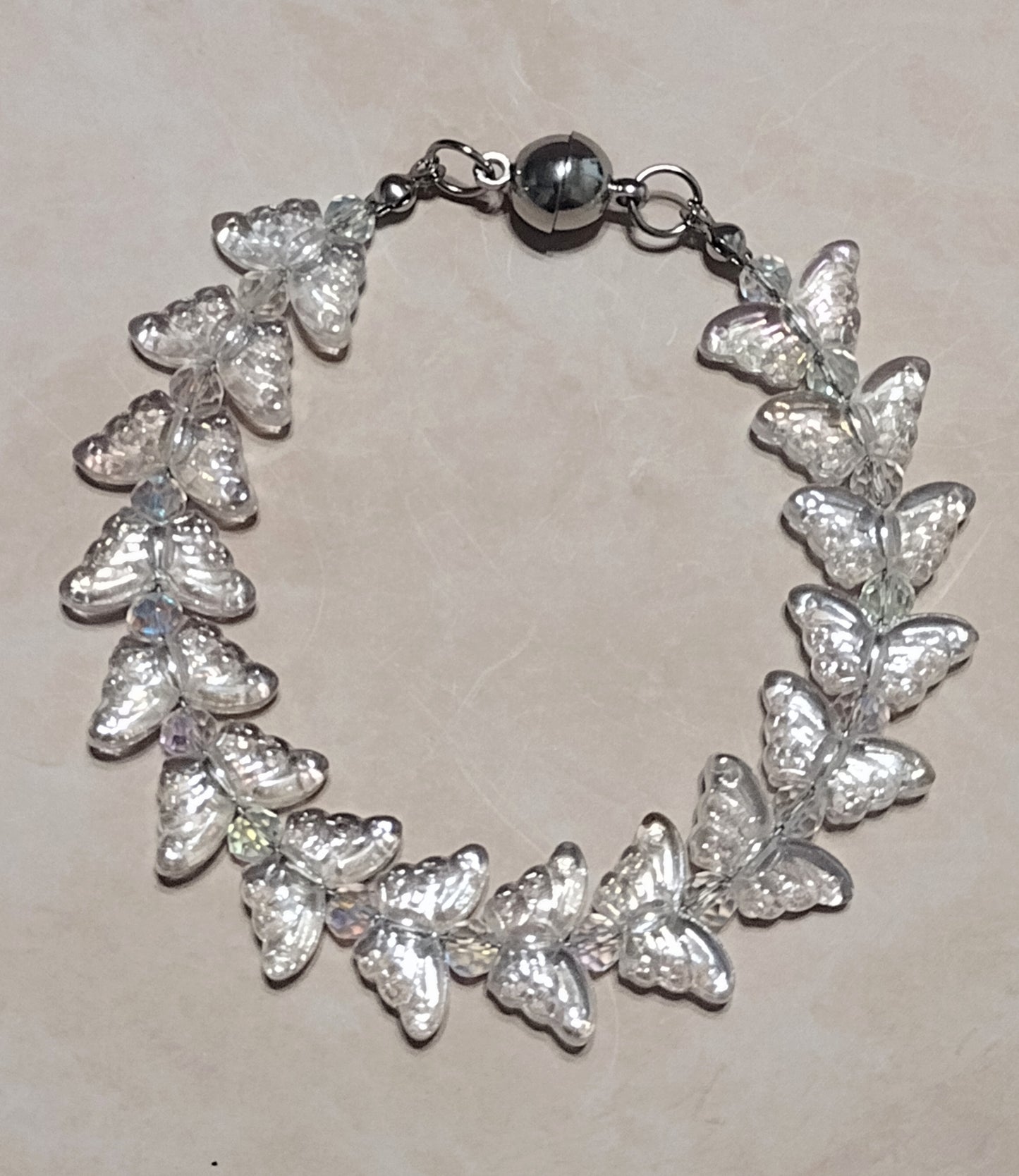 "Butterfly Summer" Glass Bead Butterfly Bracelet, Stainless Steel, Magnetic Clasp