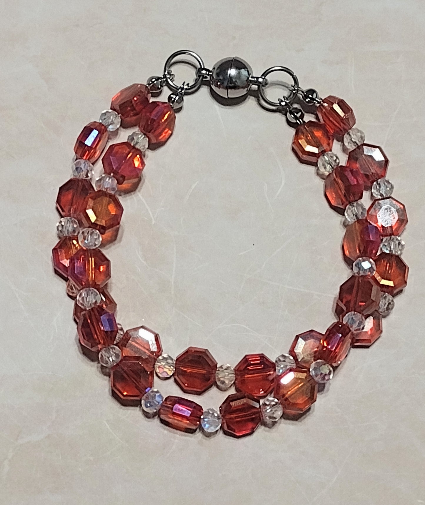 "Royal Hearts" Glass Beaded 2 Strand Bracelet, Silver Stainless Steel, Magnetic Clasp