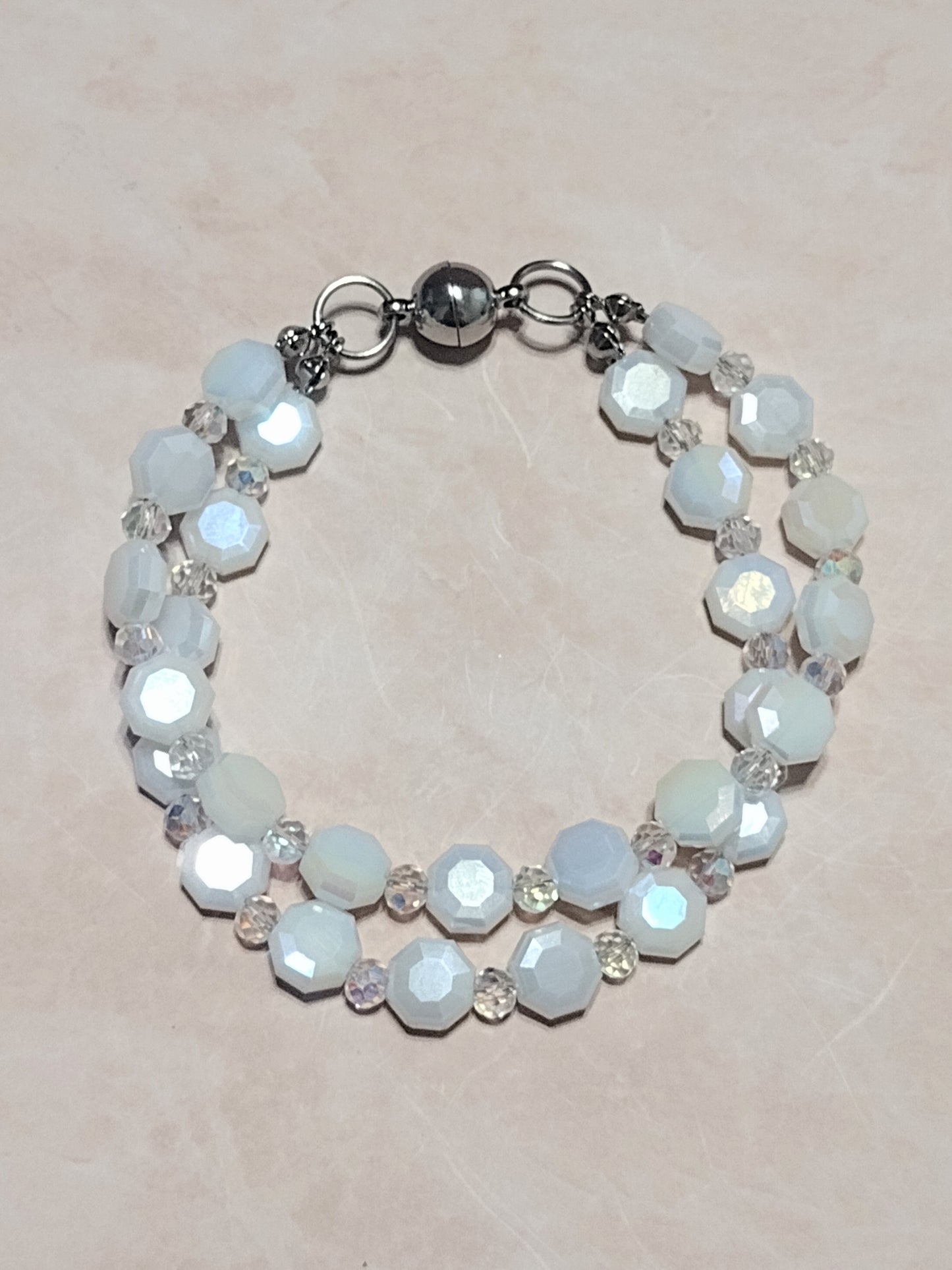 "Royal Hearts" Glass Beaded 2 Strand Bracelet, Silver Stainless Steel, Magnetic Clasp
