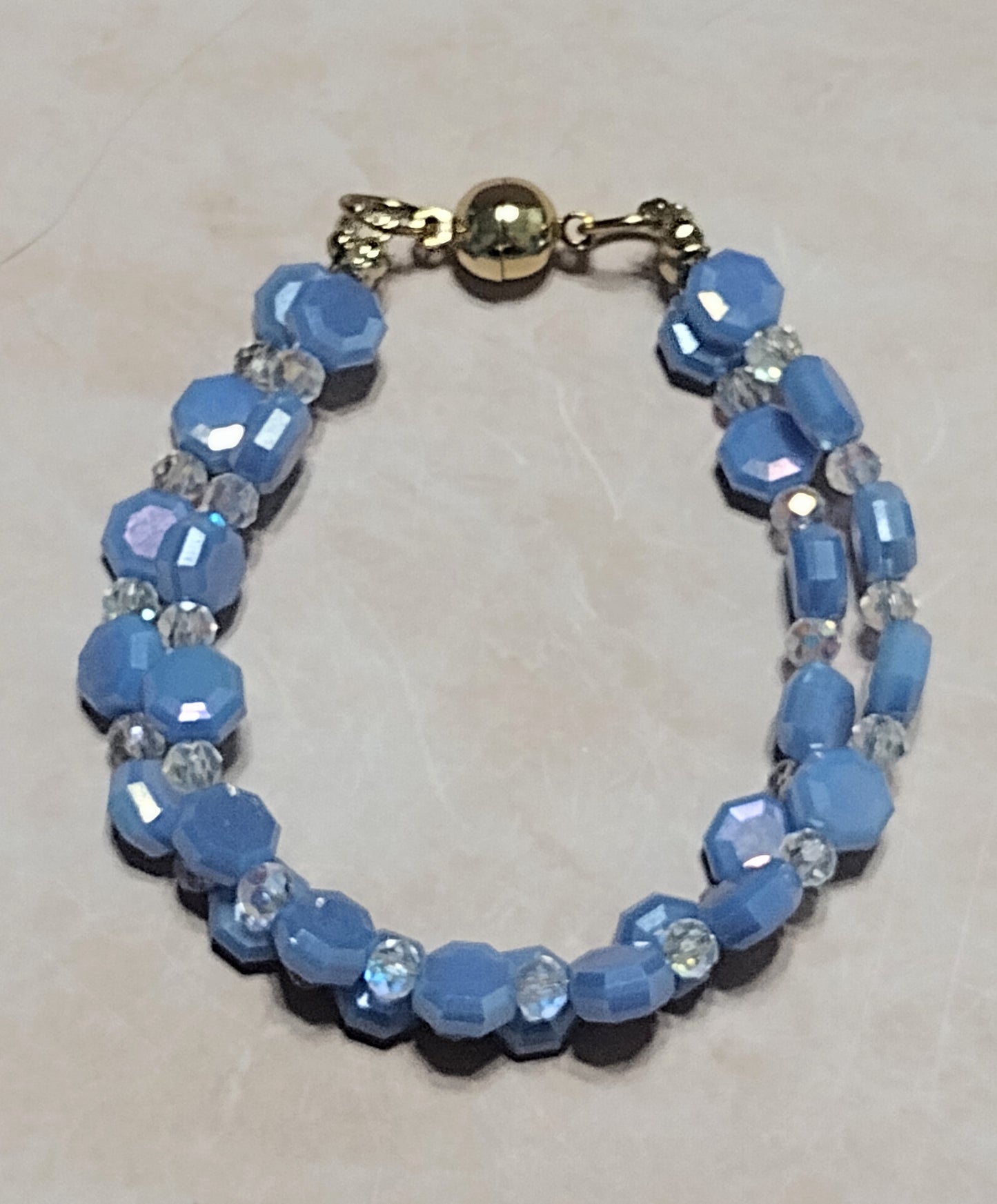 "Lagoon Blue" 2 Strand Glass Bead Bracelet, Gold Stainless Steel, Magnetic Clasp