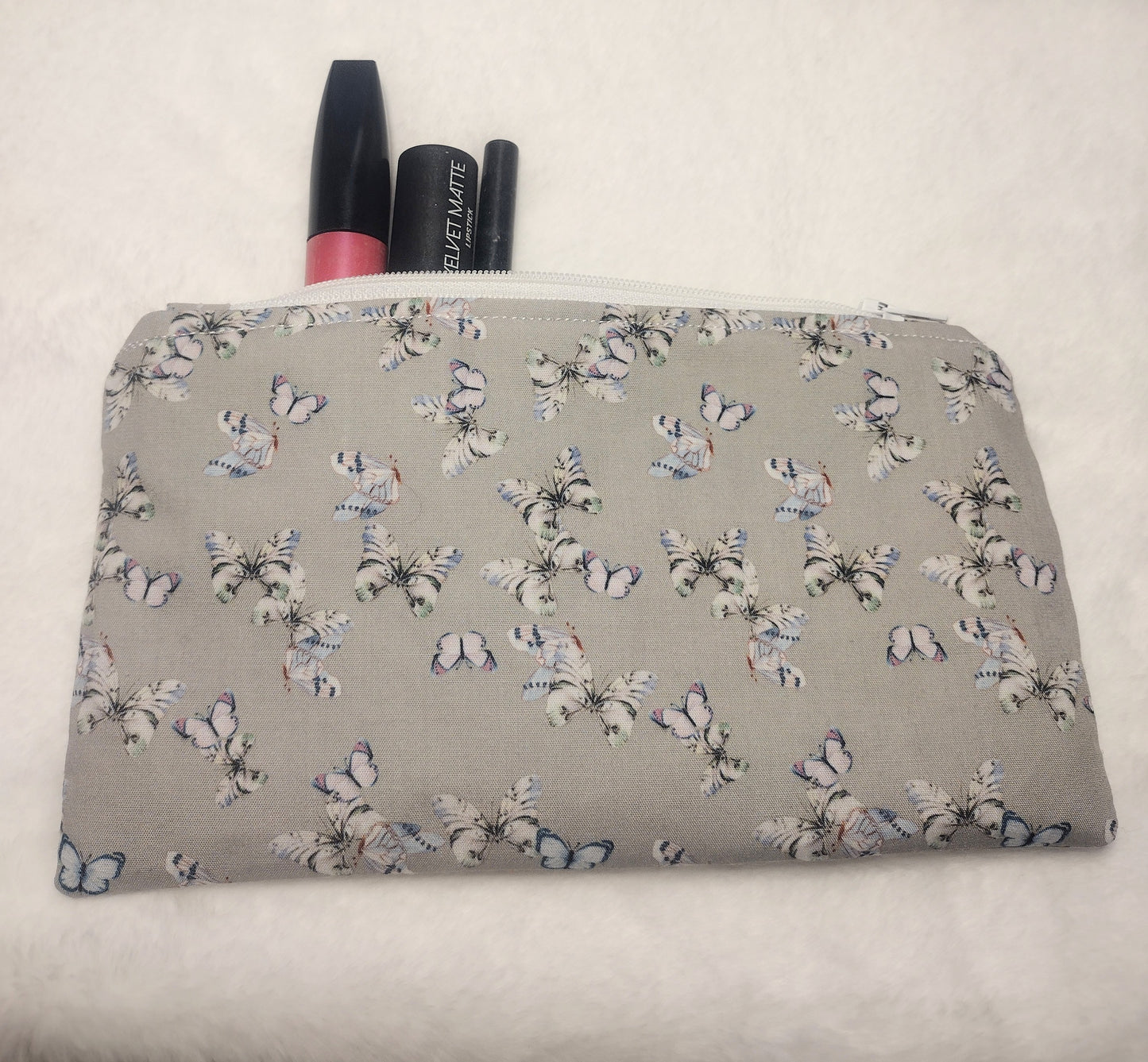 Gray Cotton Butterfly Print Makeup/Accessory Bag (Large), Cosmetic Bag