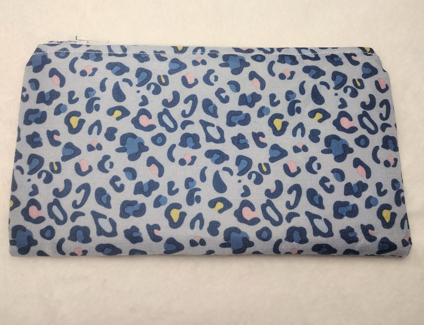 Light Blue Leopard Cotton Makeup/ Accessory Bag (Large), Zipper Pouch