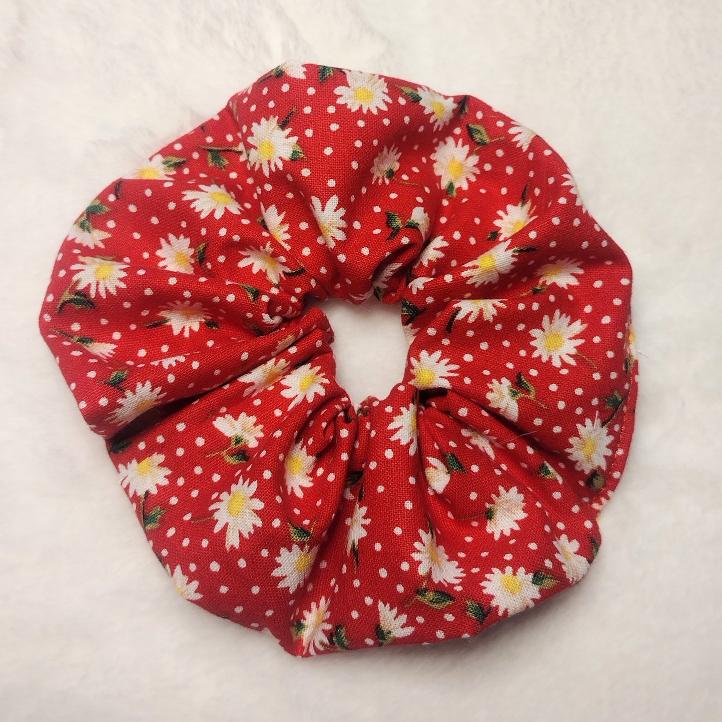Red Cotton Daisy Print Hair Scrunchie