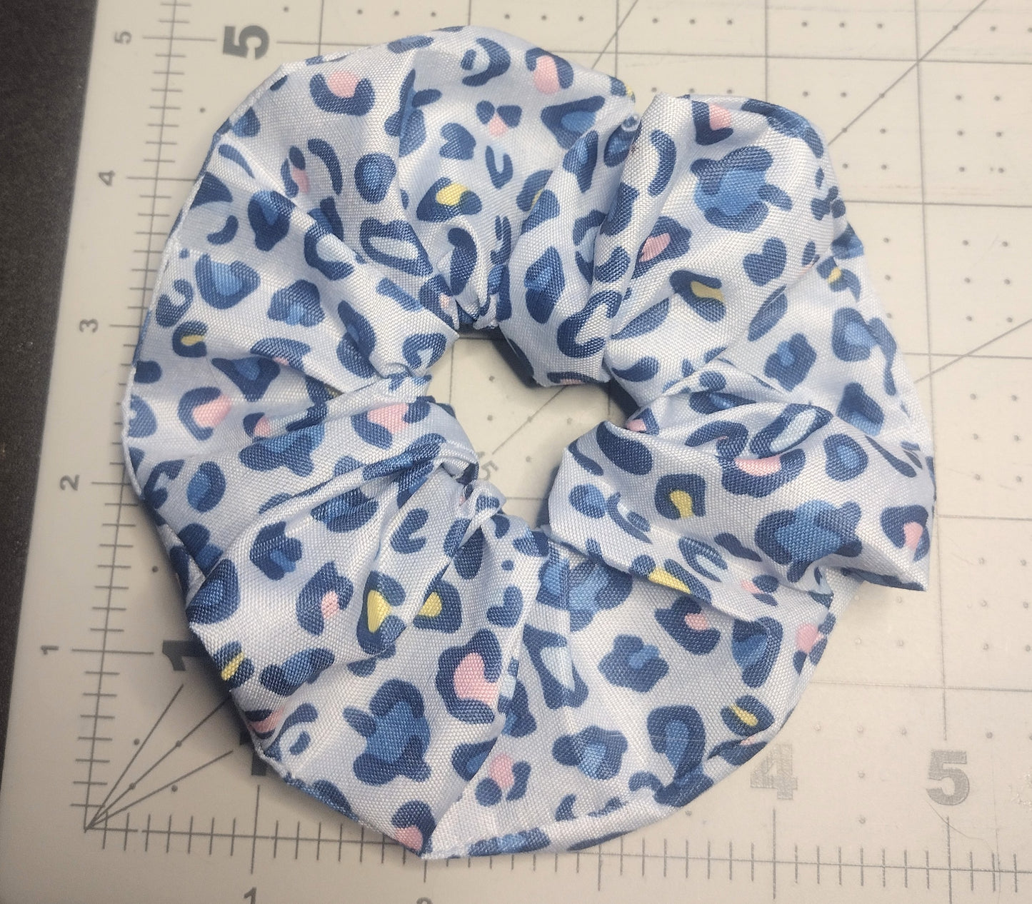 Light Blue Cotton Leopard Print Hair Scrunchie