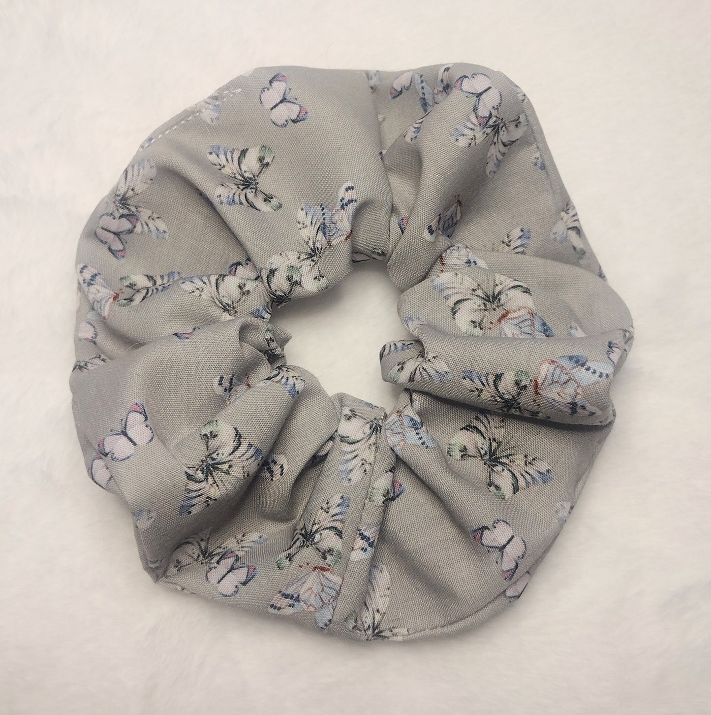 Gray Cotton Butterfly Print Hair Scrunchie