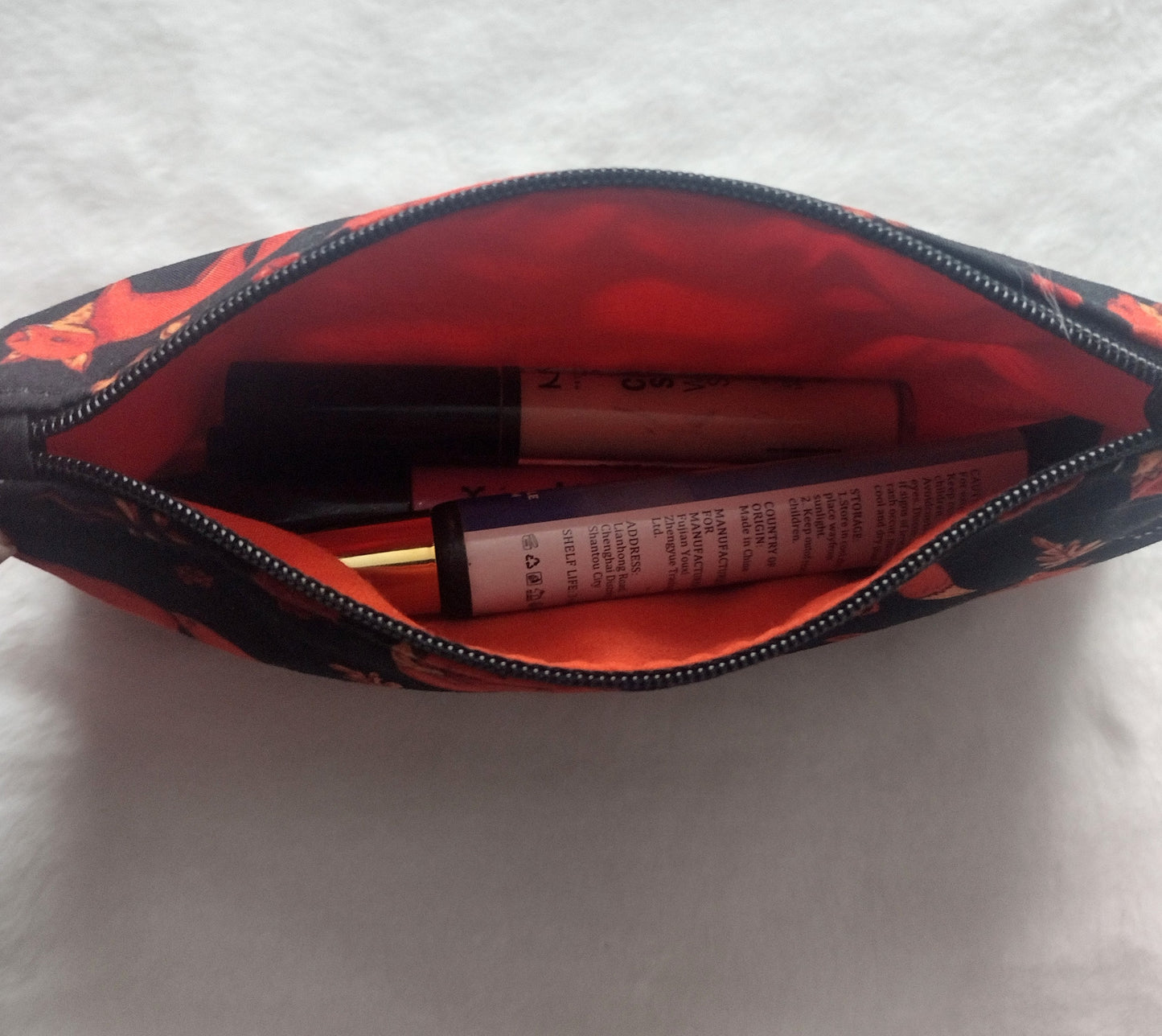 Black Cotton Fox Print Makeup/Accessory Bag (Large), Zipper Pouch