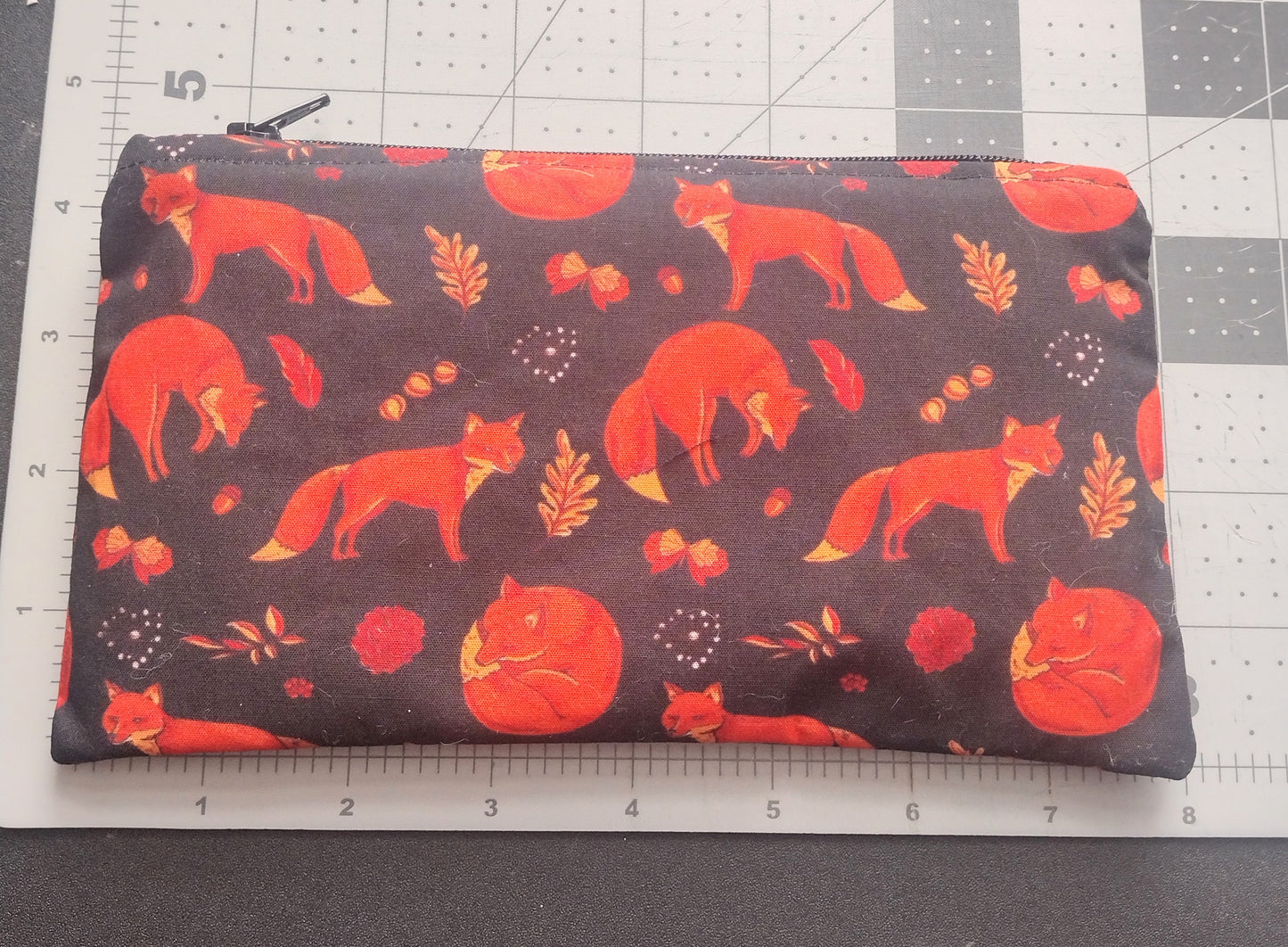 Black Cotton Fox Print Makeup/Accessory Bag (Large), Zipper Pouch