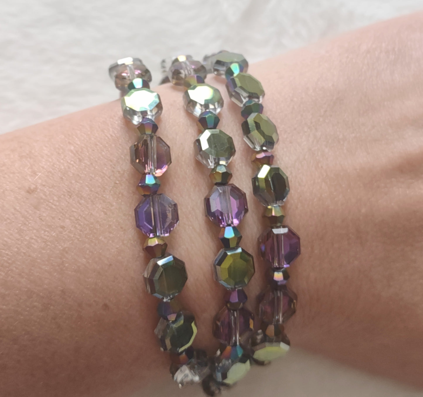"Aurora" Glass Bead 3 Strand Bracelet, Stainless Steel, Magnetic Clasp