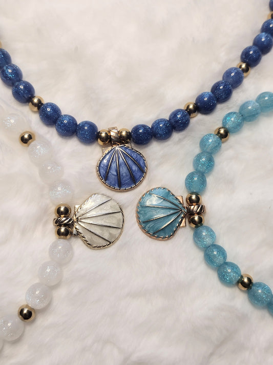 “Ocean Sparkles” Seashell Glitter Bead Necklace , Stainless Steel, 3 Colors