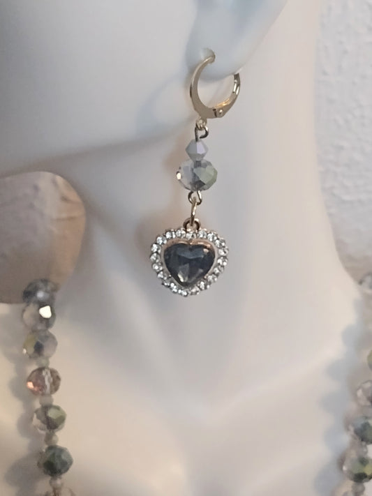 "Stormy Love" Gray Glass Beaded Heart Earrings, Gold Stainless Steel Huggie Back Dangle Earrings