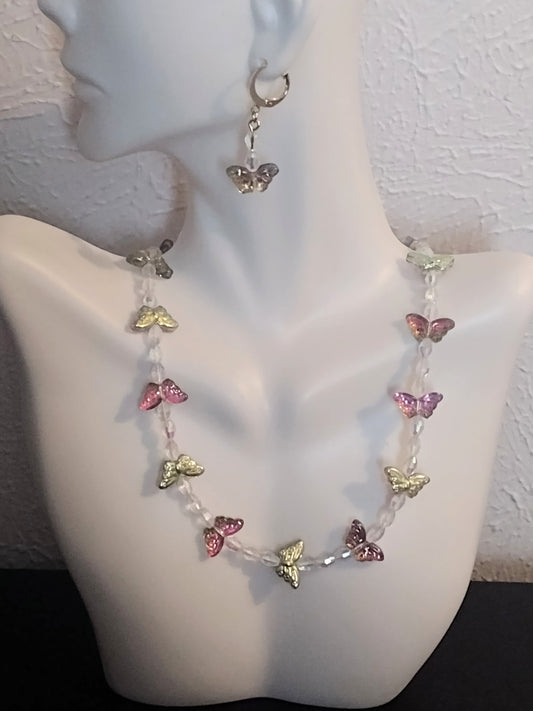 "Butterfly Garden" Glass Beaded Necklace, Magnetic Clasp, Stainless Steel