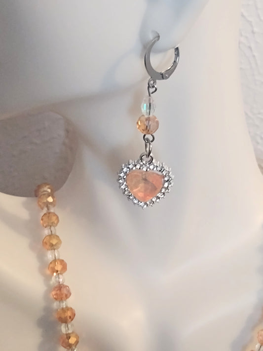 "Sunset Crush" Glass Beaded Heart Earrings, Silver Stainless Steel Huggie Back Earrings