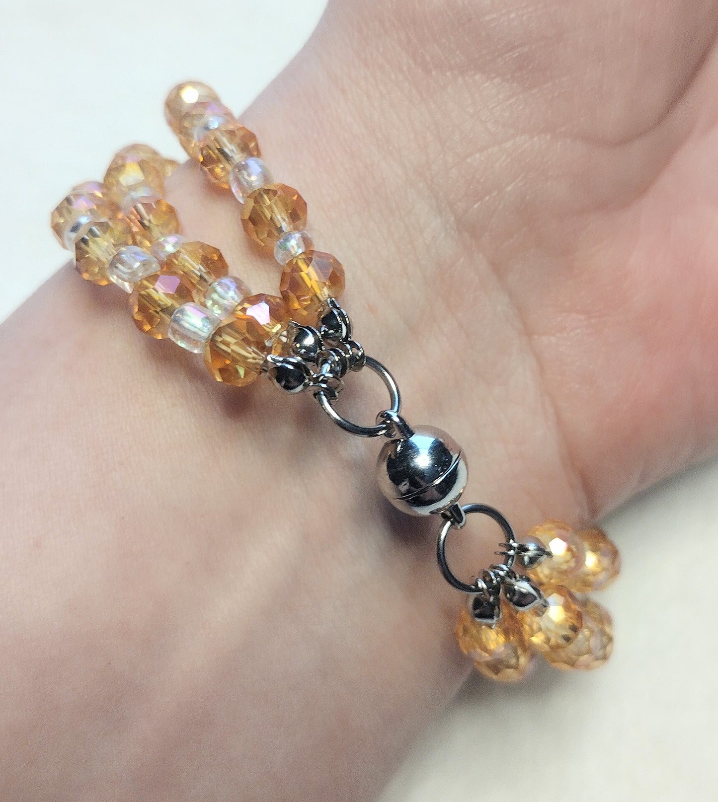 "Sunset Crush" Orange Glass Beaded 3 Strand Bracelet, Magnetic Closure , 2 Sizes