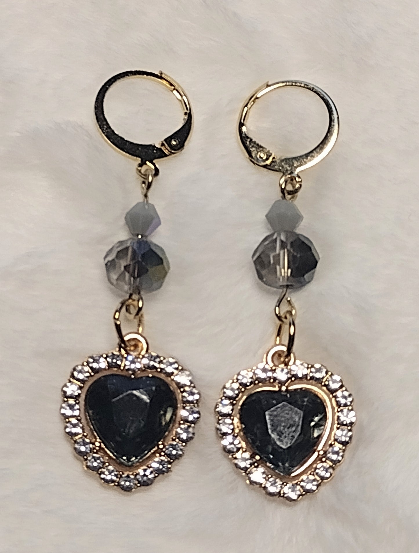 "Stormy Love" Gray Glass Beaded Heart Earrings, Gold Stainless Steel Huggie Back Dangle Earrings