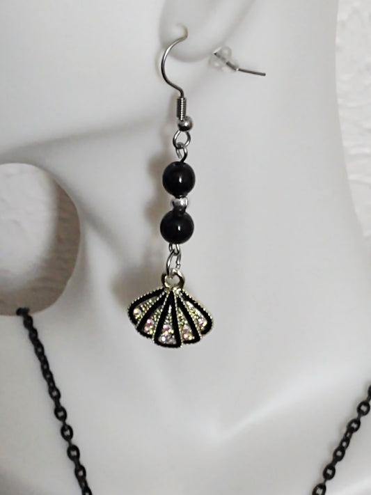 "Rhinestone Shells" Dangle Beaded Seashell Earrings, Stainless Steel Ear Wires