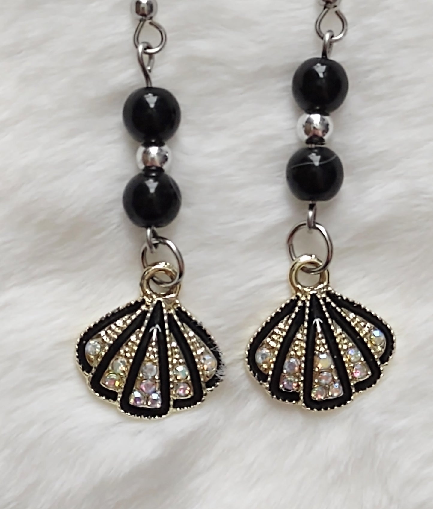 "Rhinestone Shells" Dangle Beaded Seashell Earrings, Stainless Steel Ear Wires