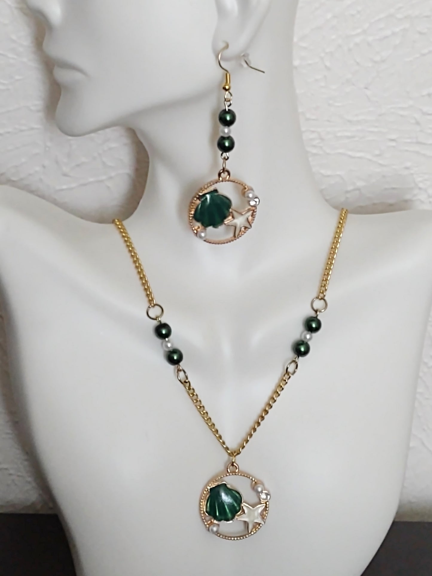"Shells and Pearls" Gold Stainless Steel  Glass Pearl Bead Necklace, Magnetic Clasp