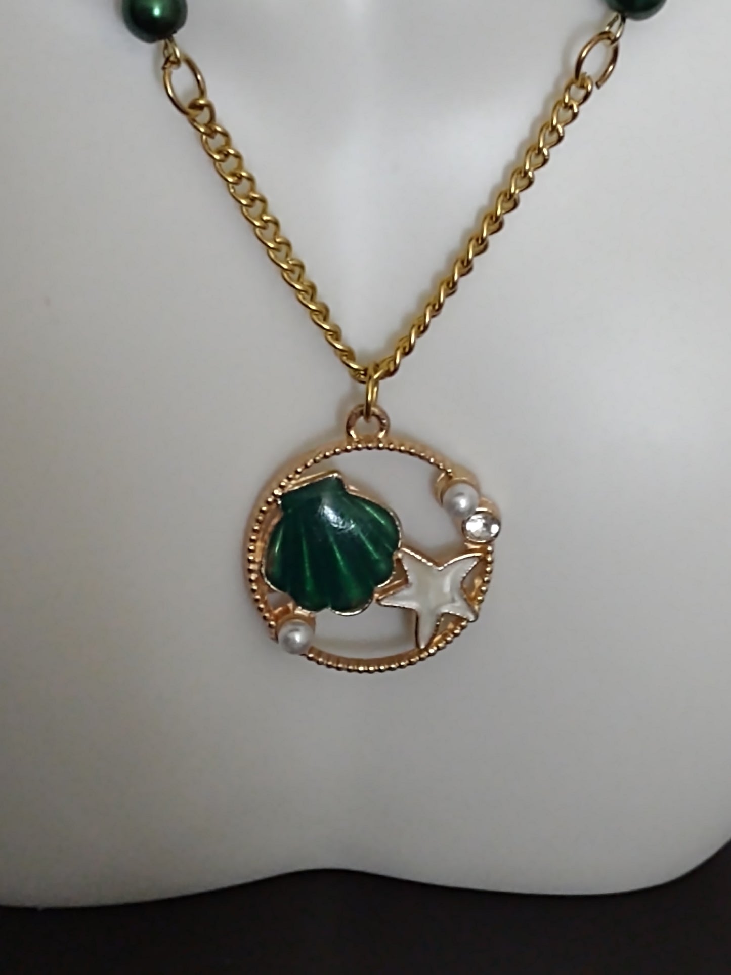 "Shells and Pearls" Gold Stainless Steel  Glass Pearl Bead Necklace, Magnetic Clasp