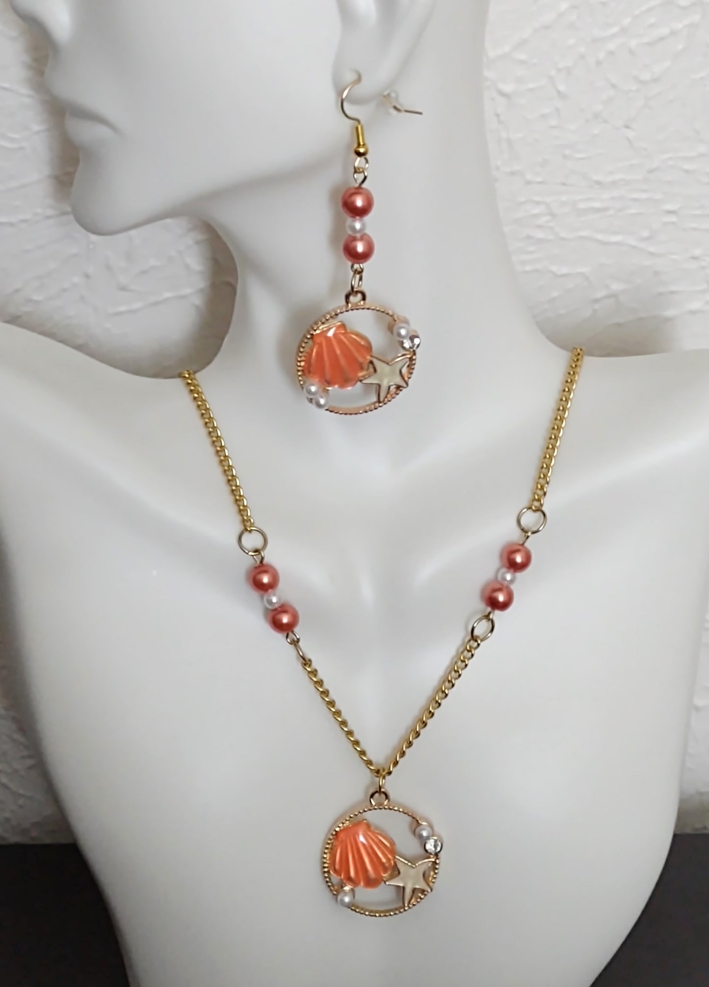 "Shells and Pearls" Gold Stainless Steel  Glass Pearl Bead Necklace, Magnetic Clasp