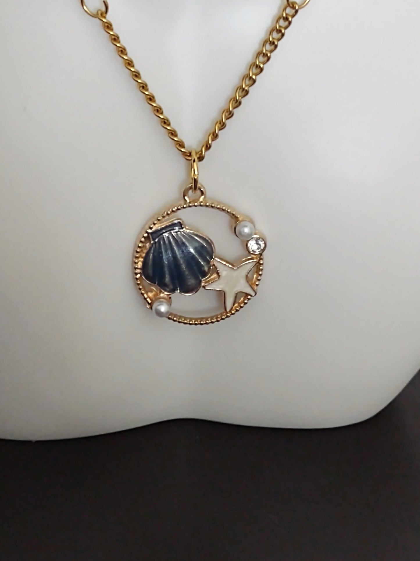 "Shells and Pearls" Gold Stainless Steel  Glass Pearl Bead Necklace, Magnetic Clasp