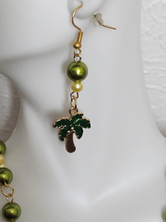 "Palm Beach" Green Pearl Bead Dangle Earrings, Stainless Steel Ear Wires
