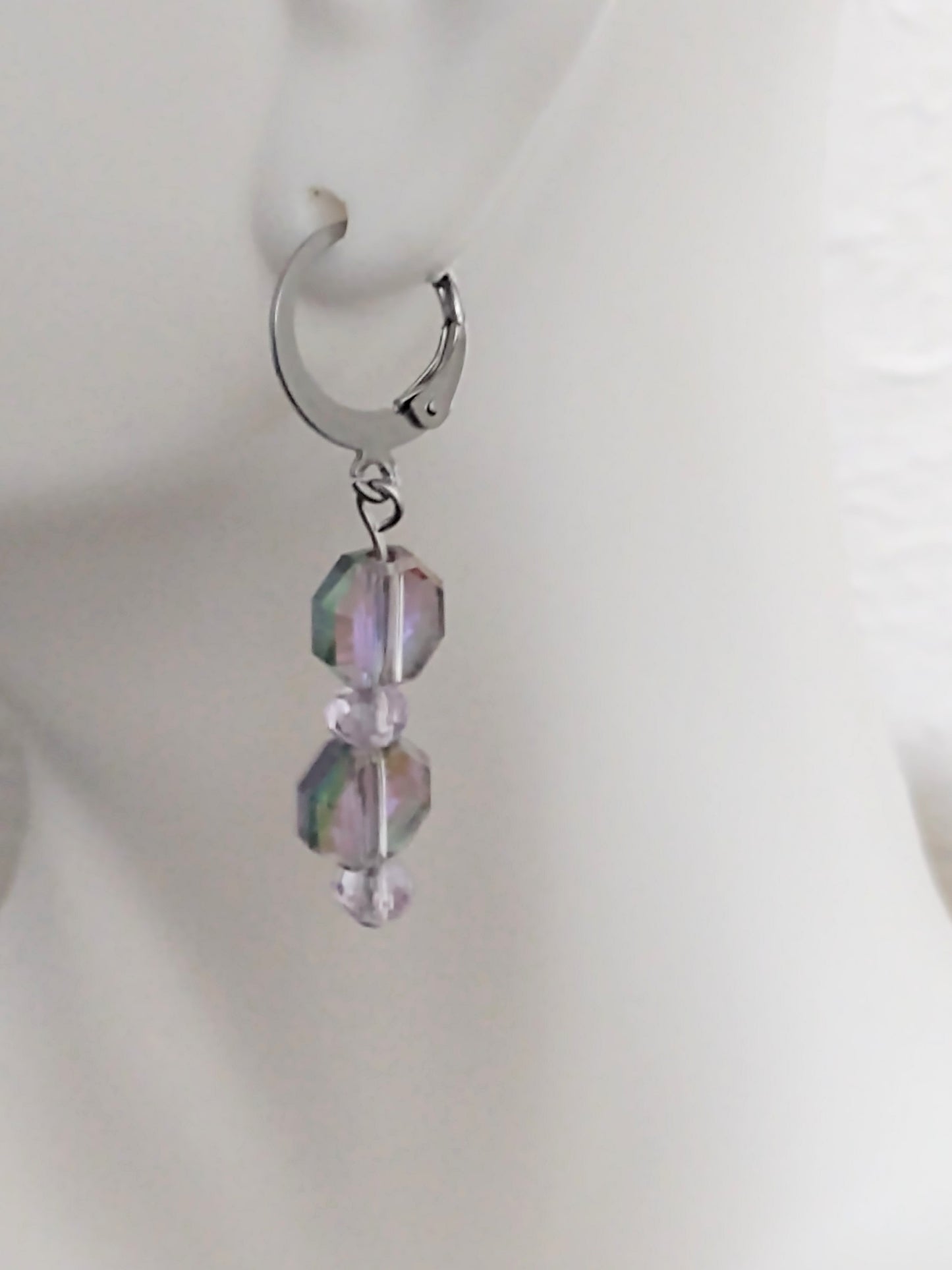 "Aurora" AB Glass Bead Dangle Earrings, Huggie back, Stainless Steel , 4 Colors