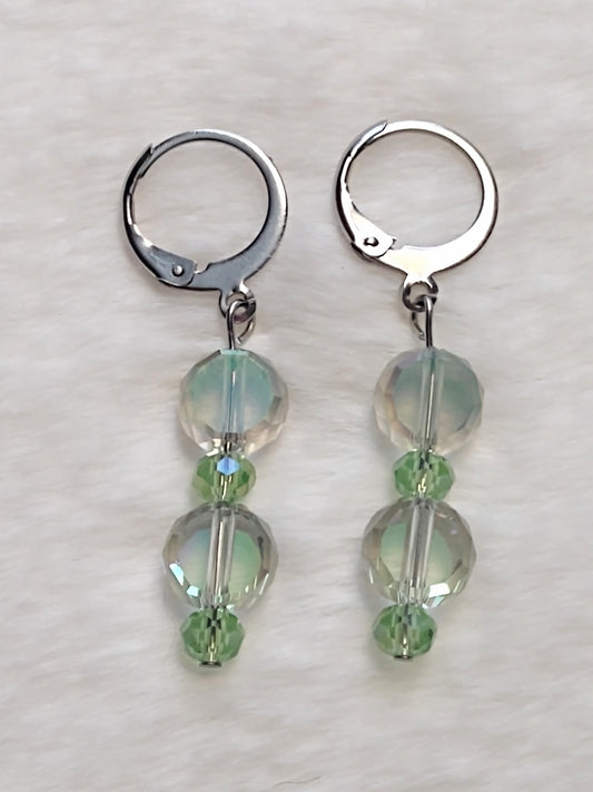 "Aurora" AB Glass Bead Dangle Earrings, Huggie back, Stainless Steel , 4 Colors