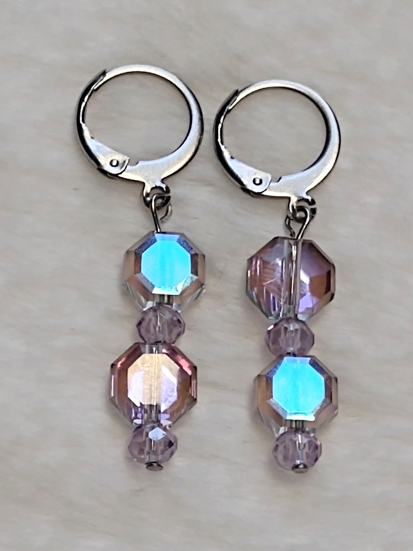 "Aurora" AB Glass Bead Dangle Earrings, Huggie back, Stainless Steel , 4 Colors