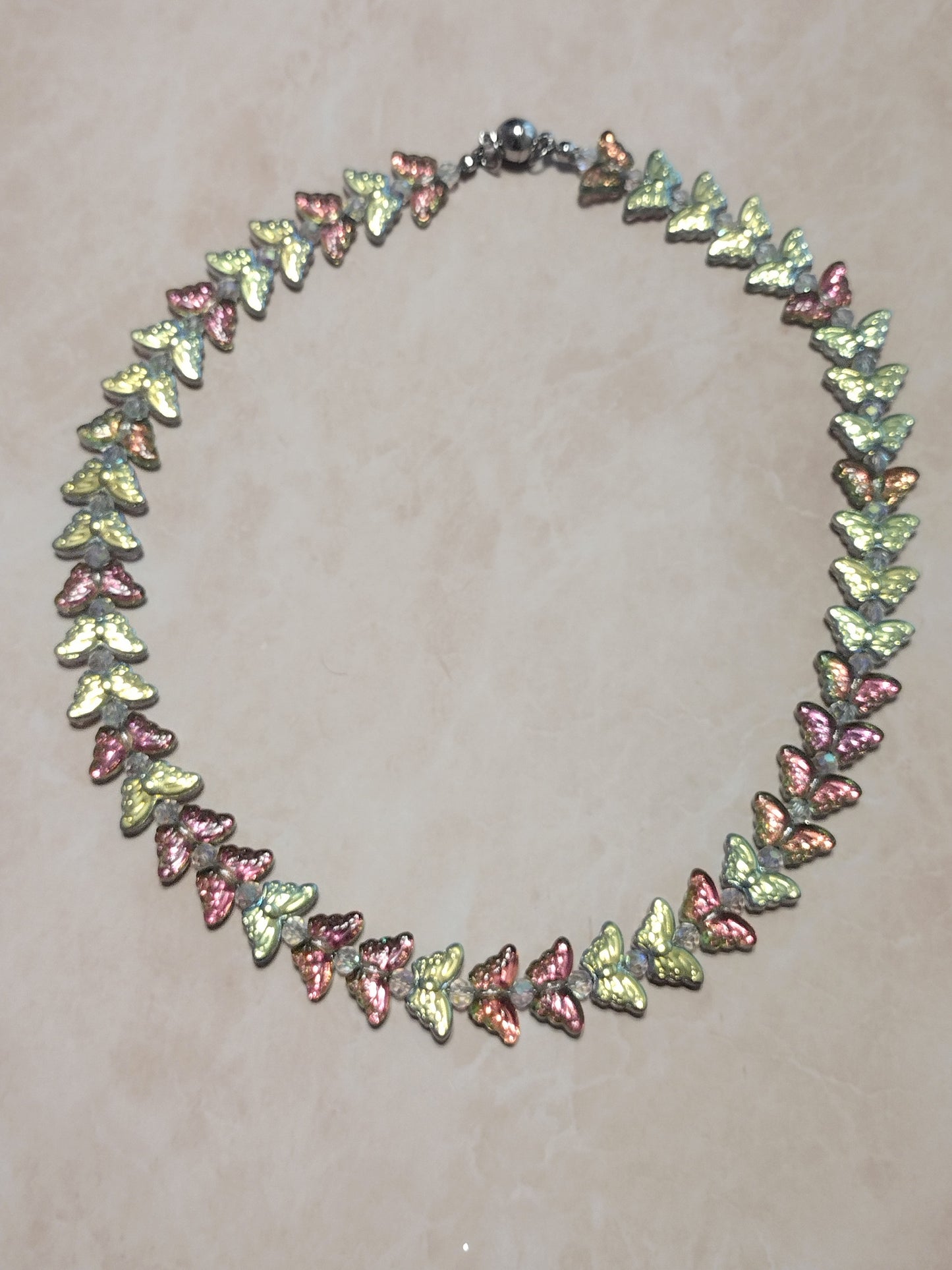 "Butterfly Summer" Glass Bead Butterfly Necklace, Stainless Steel, Magnetic Clasp