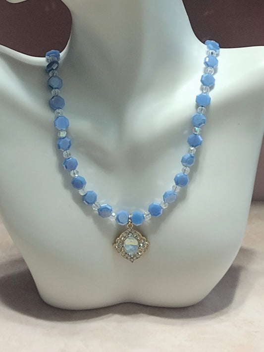 "Lagoon Blue" Beaded Pendant Necklace,  Stainless Steel, Magnetic Clasp
