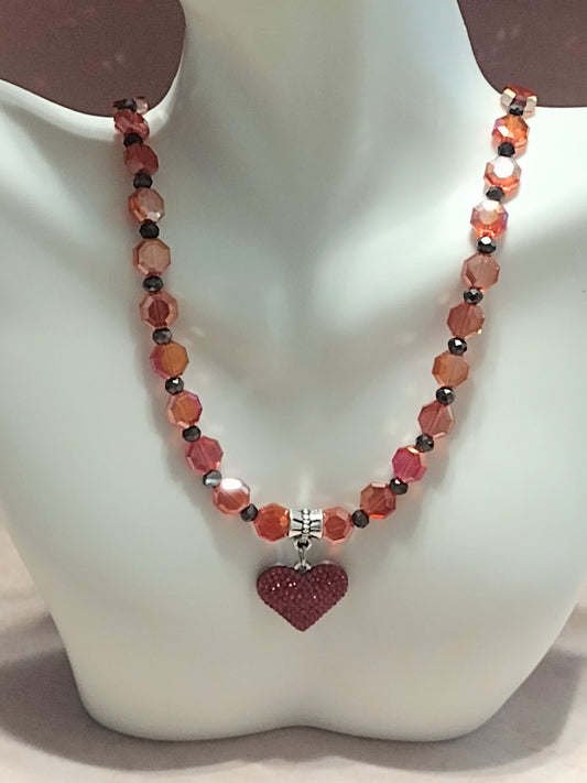 "Royal Hearts" Glass Bead Heart Charm Necklace, Silver Stainless Steel, Magnetic Clasp