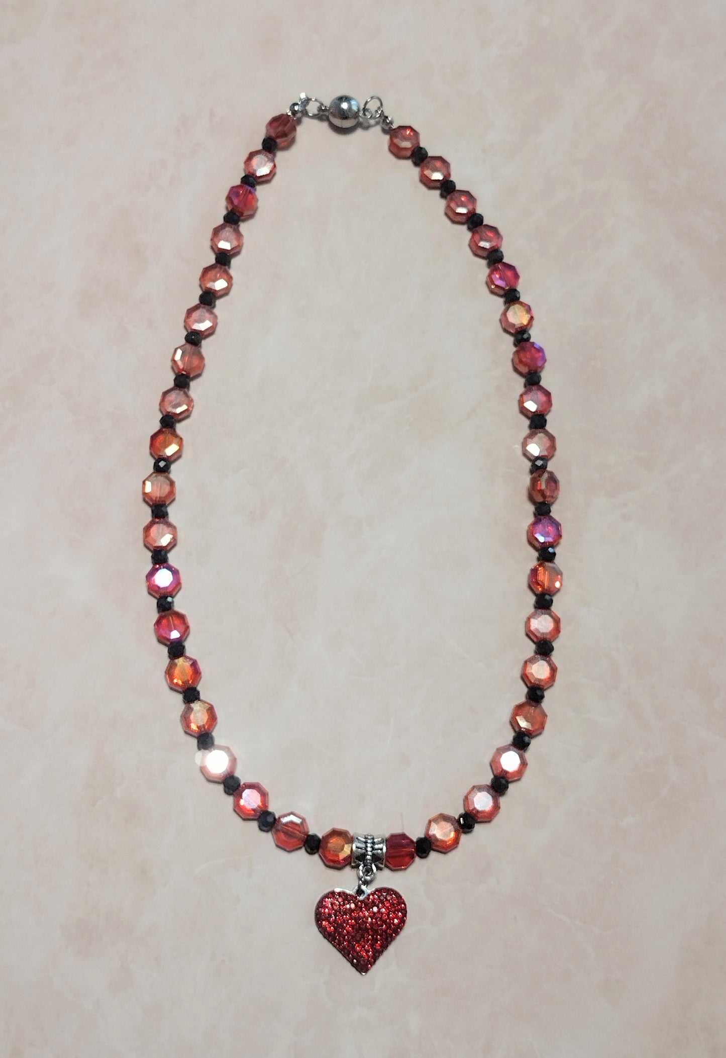"Royal Hearts" Glass Bead Heart Charm Necklace, Silver Stainless Steel, Magnetic Clasp