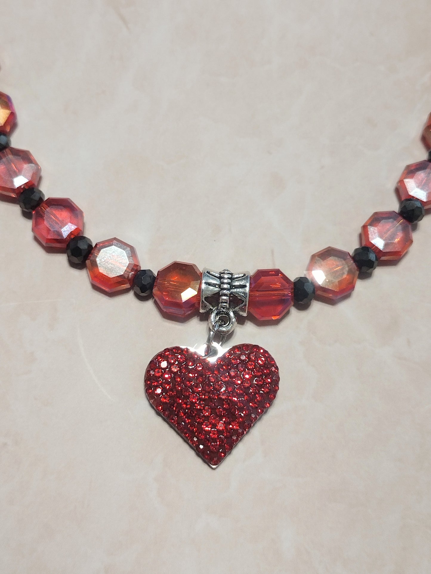 "Royal Hearts" Glass Bead Heart Charm Necklace, Silver Stainless Steel, Magnetic Clasp