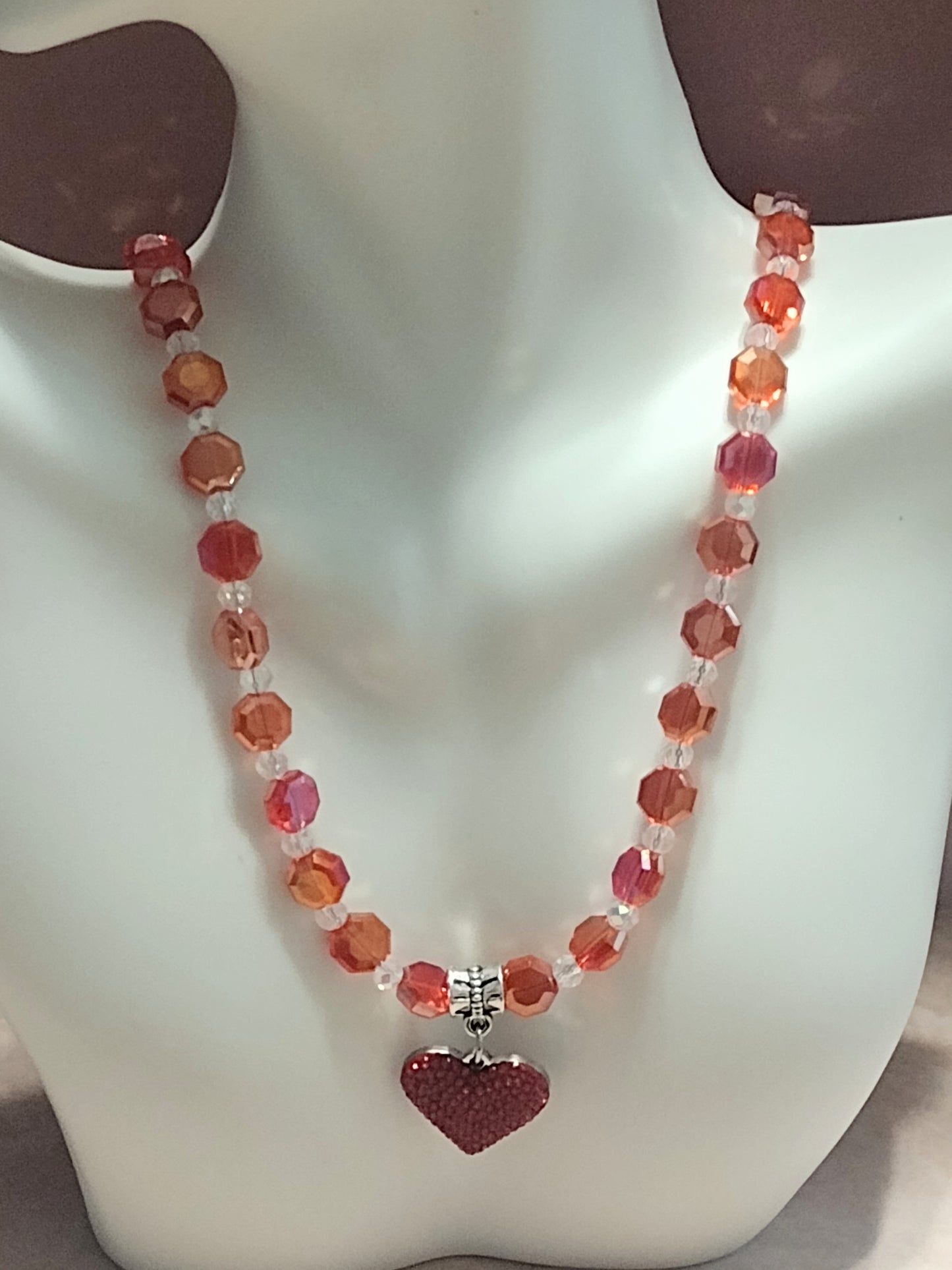 "Royal Hearts" Glass Bead Heart Charm Necklace, Silver Stainless Steel, Magnetic Clasp