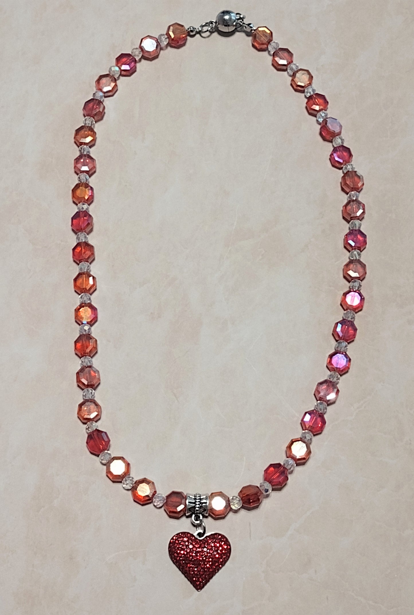 "Royal Hearts" Glass Bead Heart Charm Necklace, Silver Stainless Steel, Magnetic Clasp