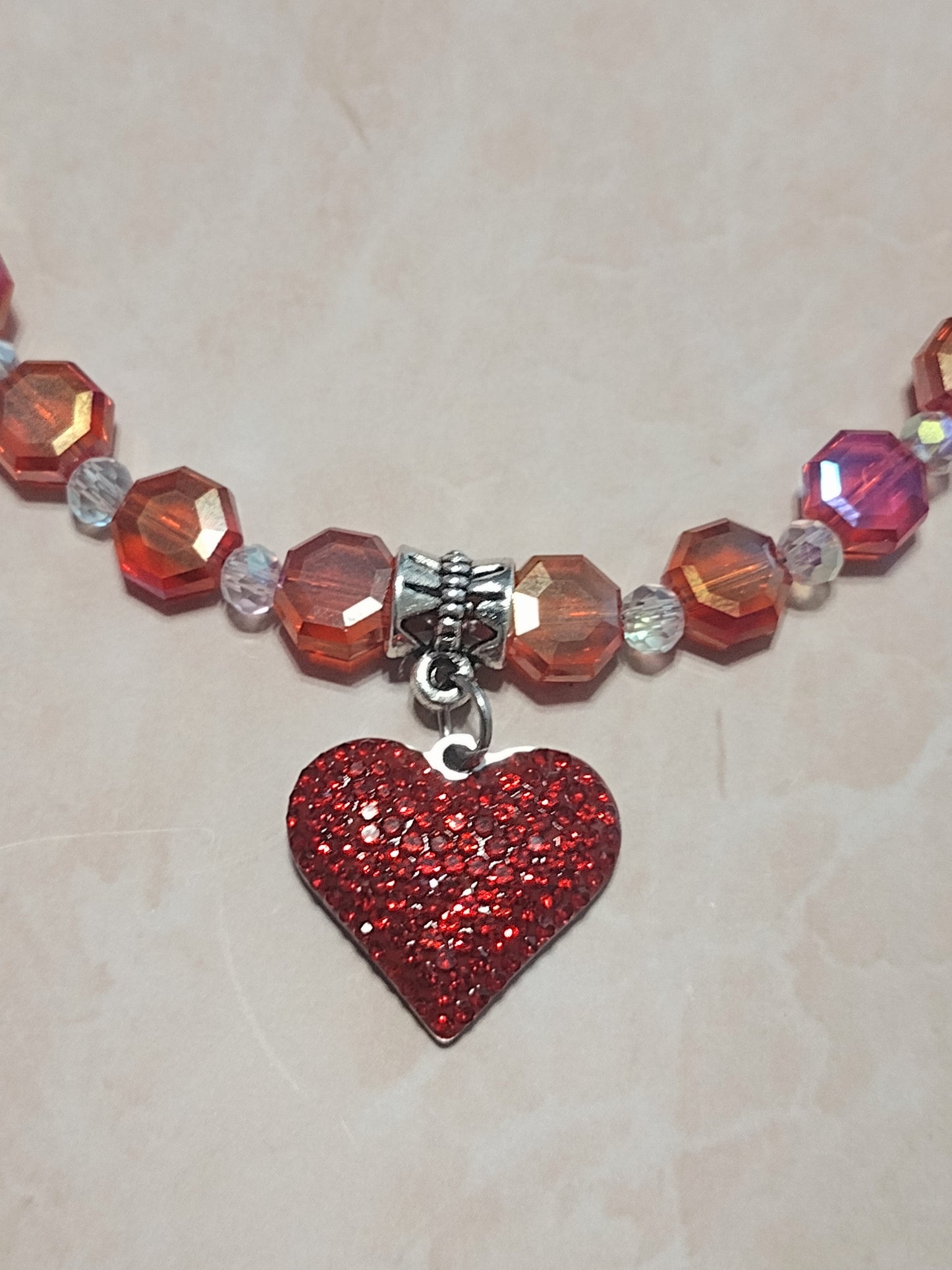 "Royal Hearts" Glass Bead Heart Charm Necklace, Silver Stainless Steel, Magnetic Clasp