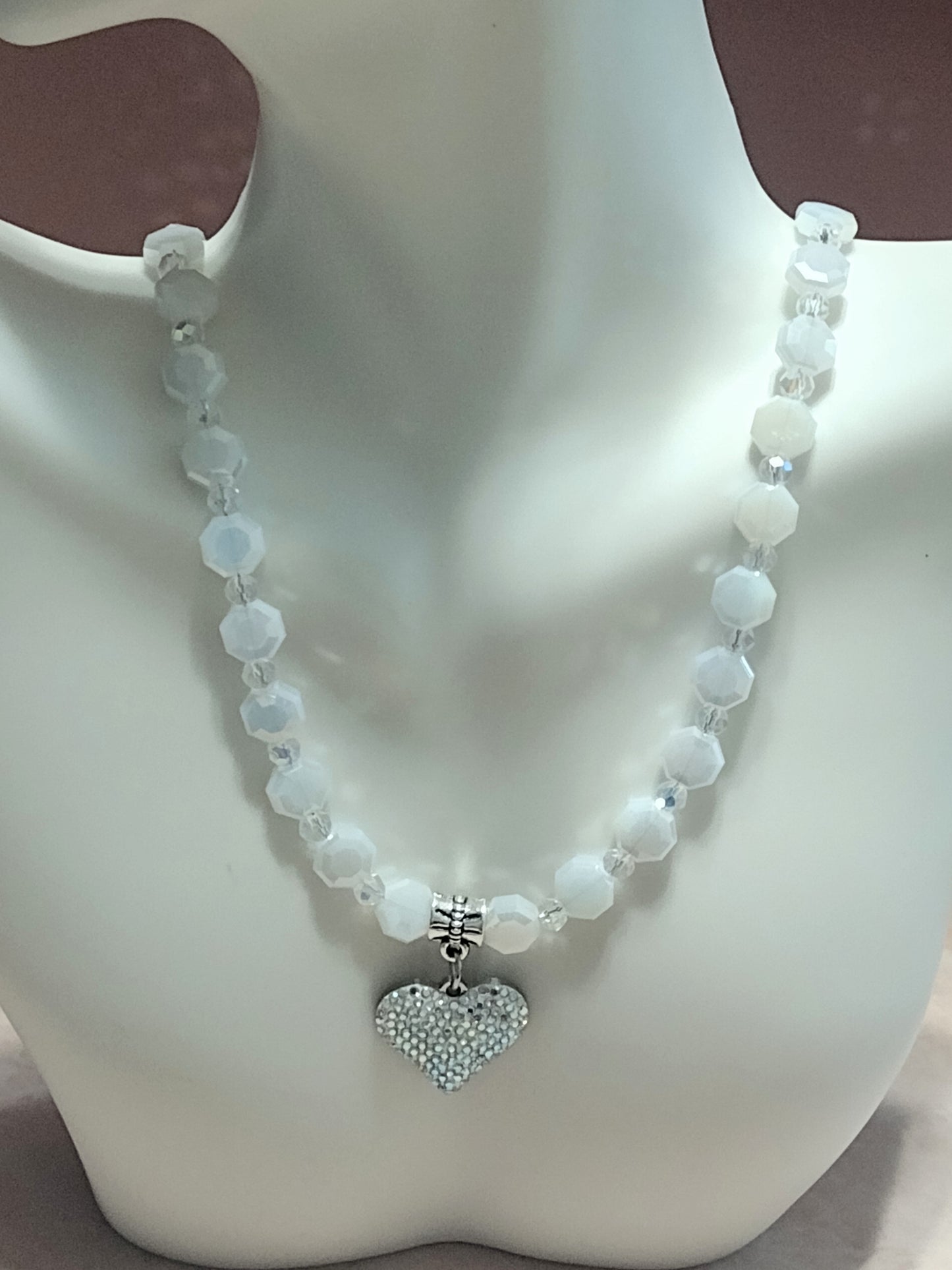 "Royal Hearts" Glass Bead Heart Charm Necklace, Silver Stainless Steel, Magnetic Clasp