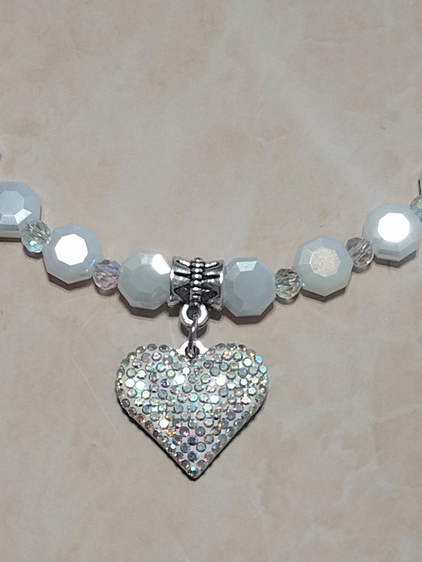 "Royal Hearts" Glass Bead Heart Charm Necklace, Silver Stainless Steel, Magnetic Clasp